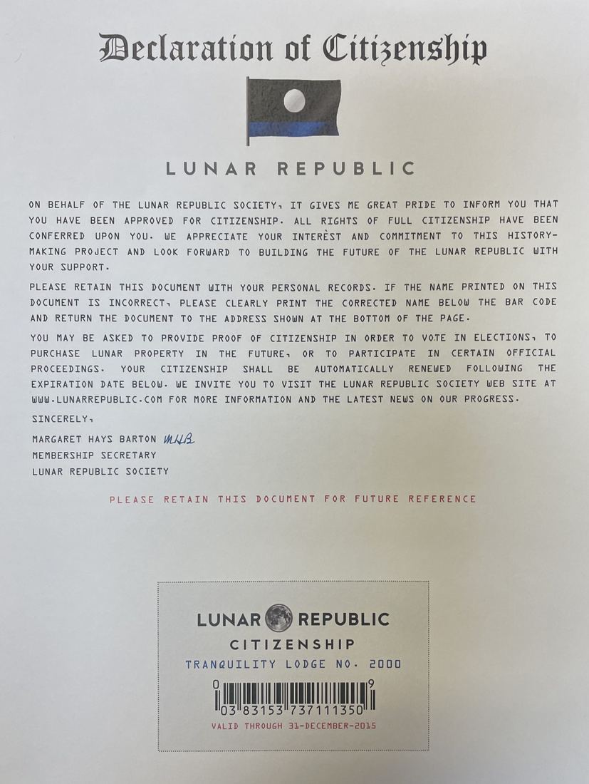 Declaration of Citizenship, Lunar Republic