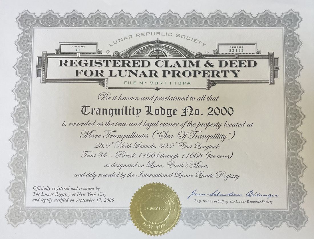 Registered Claim and Deed for Lunar Property, Tranquility Lodge No. 2000