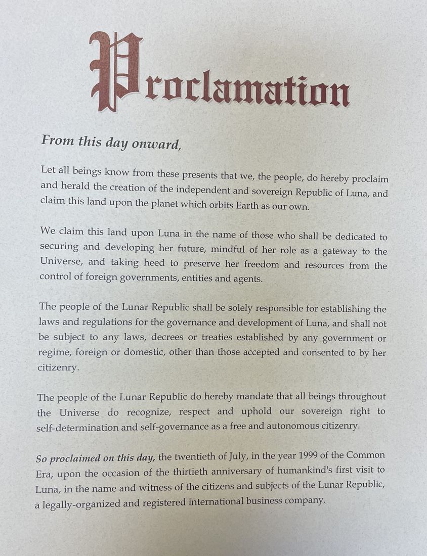 Proclamation of the Lunar Republic, dated July 20, 1999