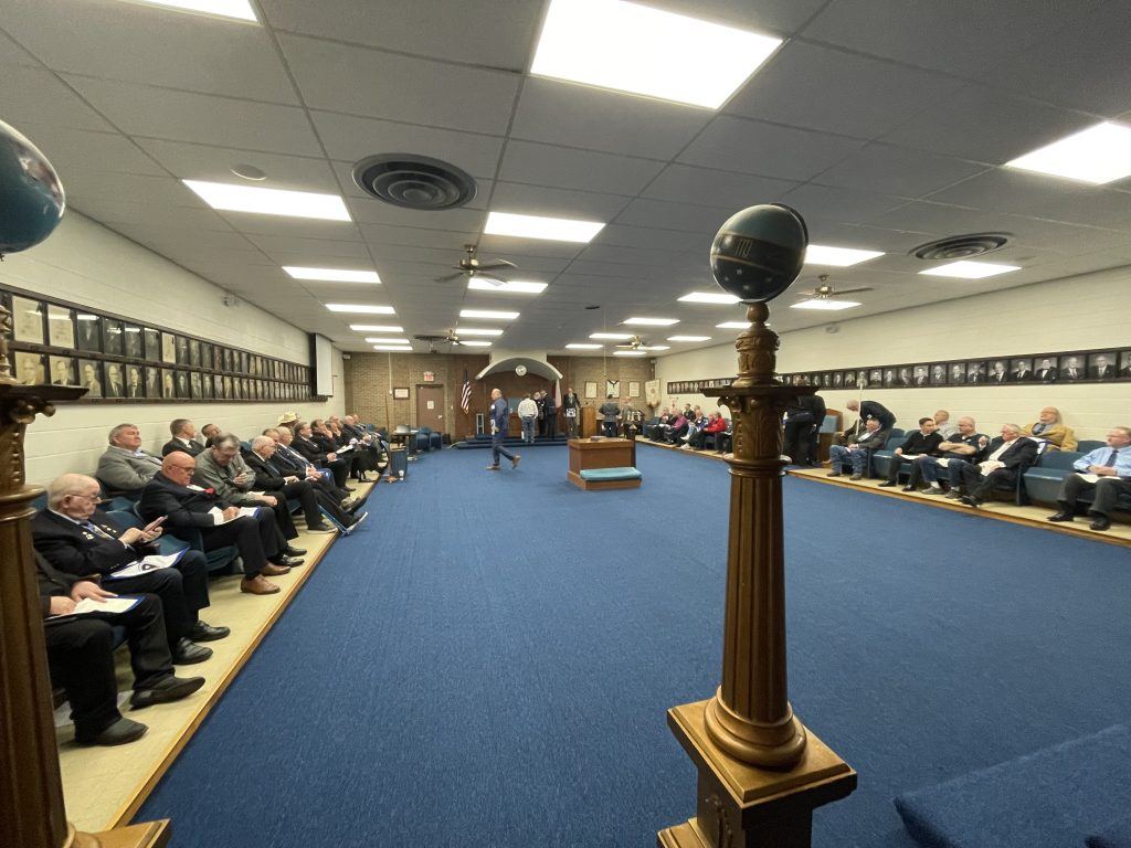 Brethren seated for the stated meeting inside Arlington Masonic Lodge
